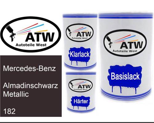 Mercedes-Benz, Almadinschwarz Metallic, 182: 500ml Lackdose + 500ml Klarlack + 250ml Härter - Set, von ATW Autoteile West.